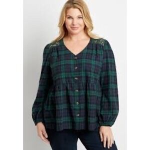 Maurices Plaid Babydoll Top Lace Shoulder Long‎ Sleeve Green Blue Size Medium